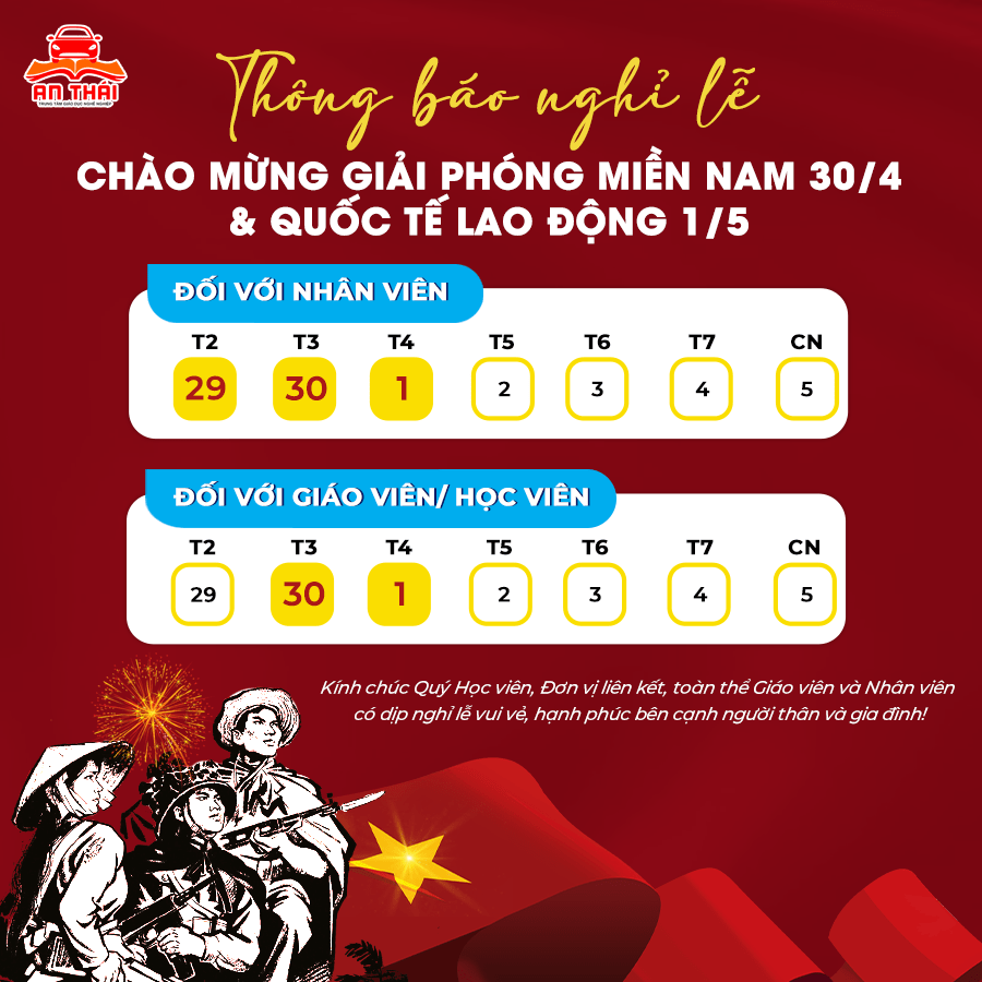 THÔNG BÁO NGHỈ LỄ NGÀY CHIẾN THẮNG 304 VÀ NGÀY QUỐC TẾ LAO ĐỘNG 15