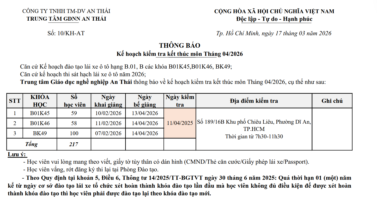 Lịch Kiểm Tra Kết Thúc Môn Tháng 04/2026